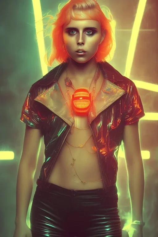 danish singer mø face, cyberpunk,orange tones, style free