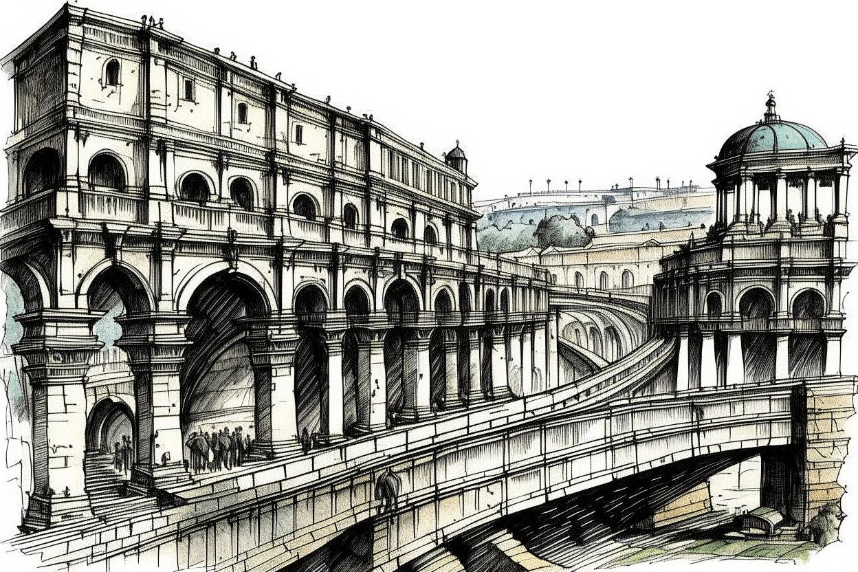 deseneaza cu penita si tus colorat cu acuarela , un sketch in stil minimal art , hasurat cu linii scurte de hasuri oblice scurte , cu mare acuratete si contrast , stil gravura pe metal reprezentand viaducte romane din roma antica , in stilul miniaturilor persane