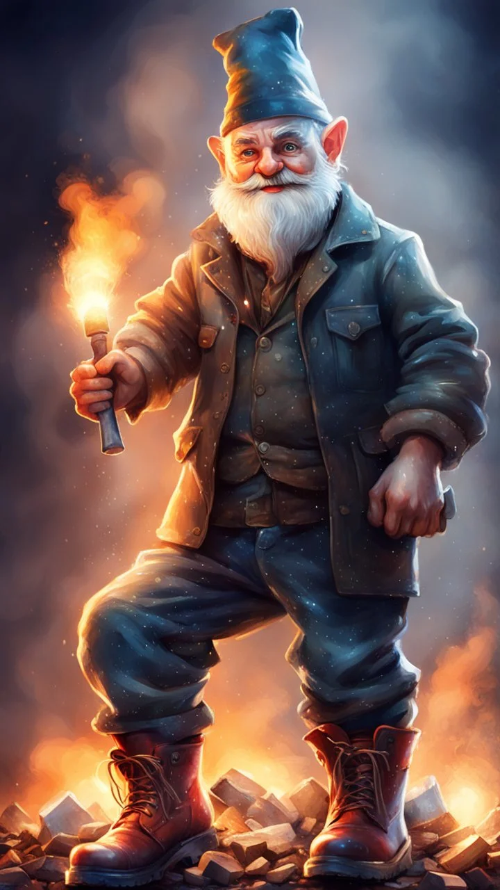 postcard portrait of bard post man sexy gnome fire man with old boots, sledge hammer, in spotlight, magazine cover illustration with spray paint, signed, bokeh like, down-light, unreal engine, prize winning