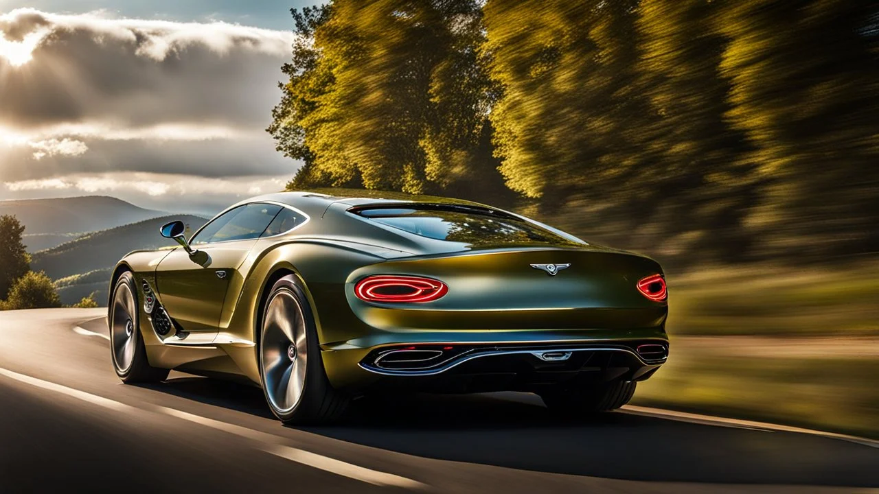 A sleek rear view of (((a cross of bentley and Hypercar))), on street, with hill and trees around, a beautiful clouds and sunny weather