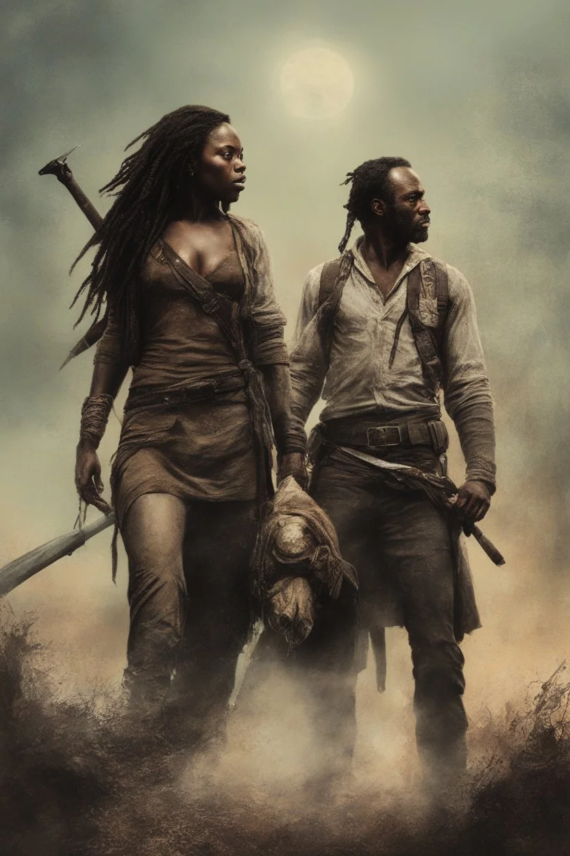 Movie Poster - Andrew Lincoln as "Rick Grimes," Danai Gurira as "Michonne," - The Walking Dead - in the art style of Frank Frazetta