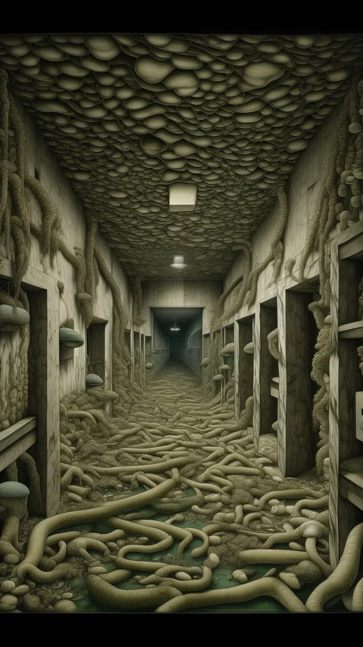 A grayish green fungus infested warehouse painted by MC Escher