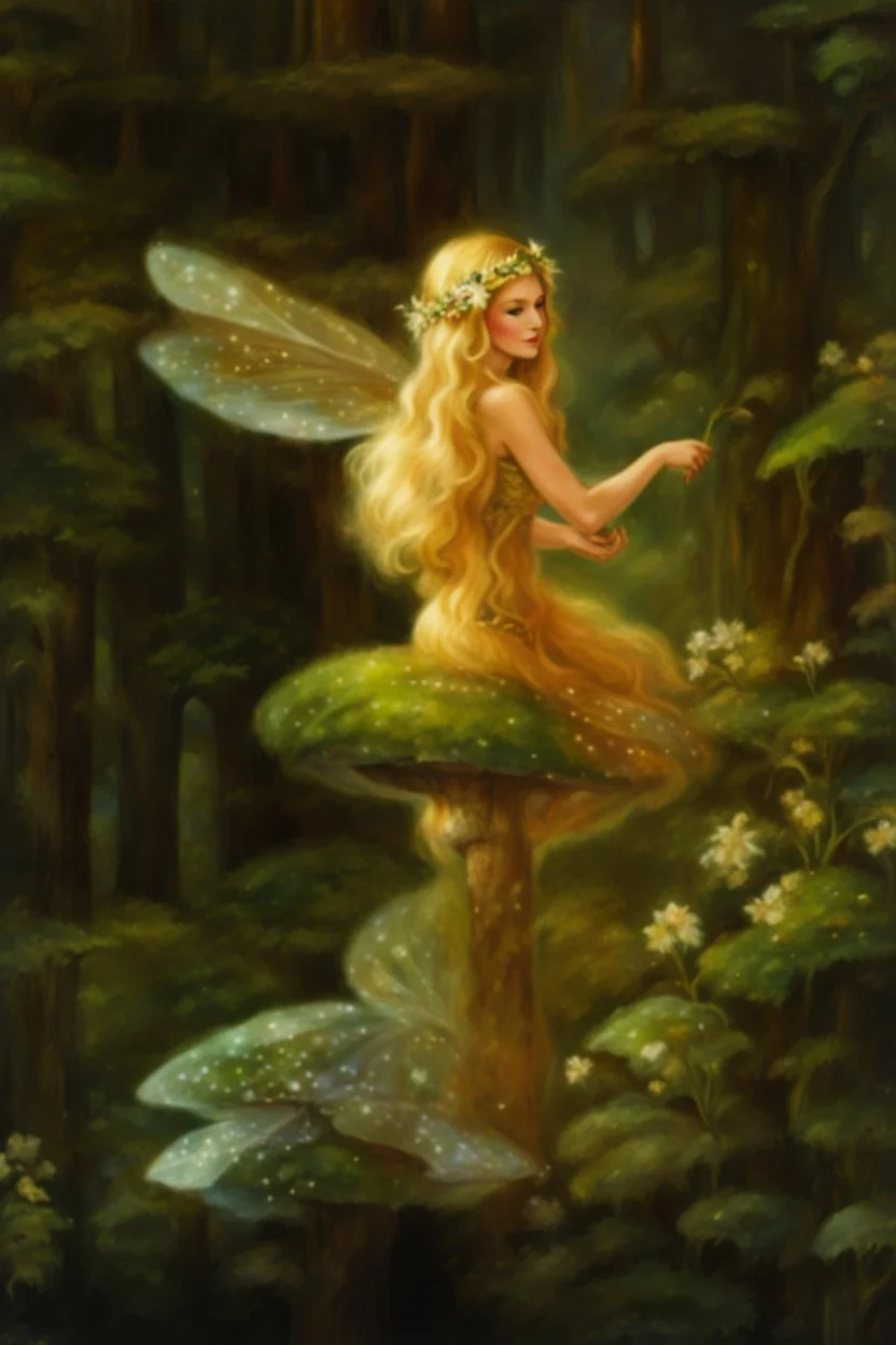 Fairy Princess, long blonde hair,long golden hair, Fairy crown ,fairy, fairy wings, mushroom,sparkle,,Lilly of the valleys