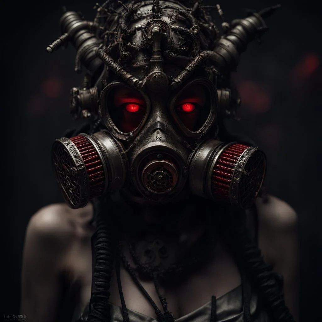 Demonic mechanical creepy aggressive necrophage zombie undead girl with scary red eyes, in a spiky mechanical gas mask with tubes, dark fantasy horror, Filigree, Aesthetically pleasing, Realistic, Professional photo, 4k, hight resolution, higly detailed, 30mm lens, 1/250s, f/2.8, ISO 100