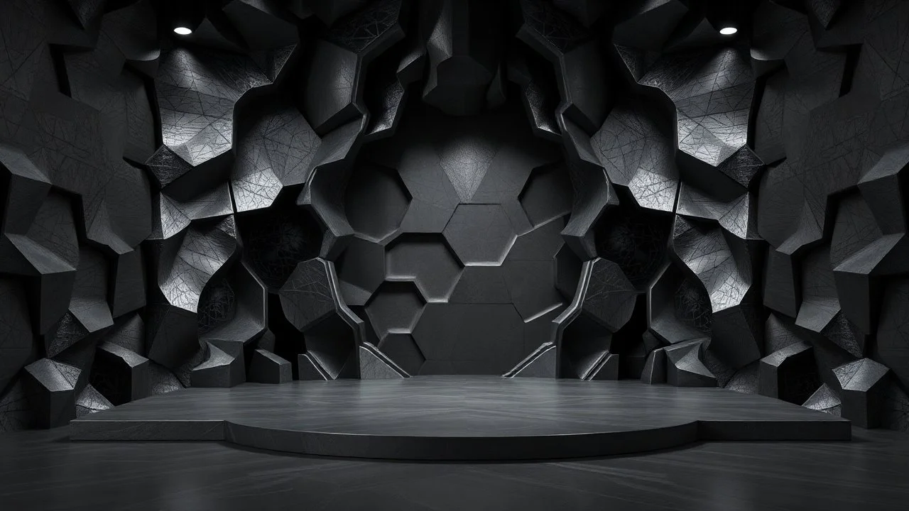 a 3d fractal stage structre made of metallic dark color -gray 3d structures, pertty artistc background