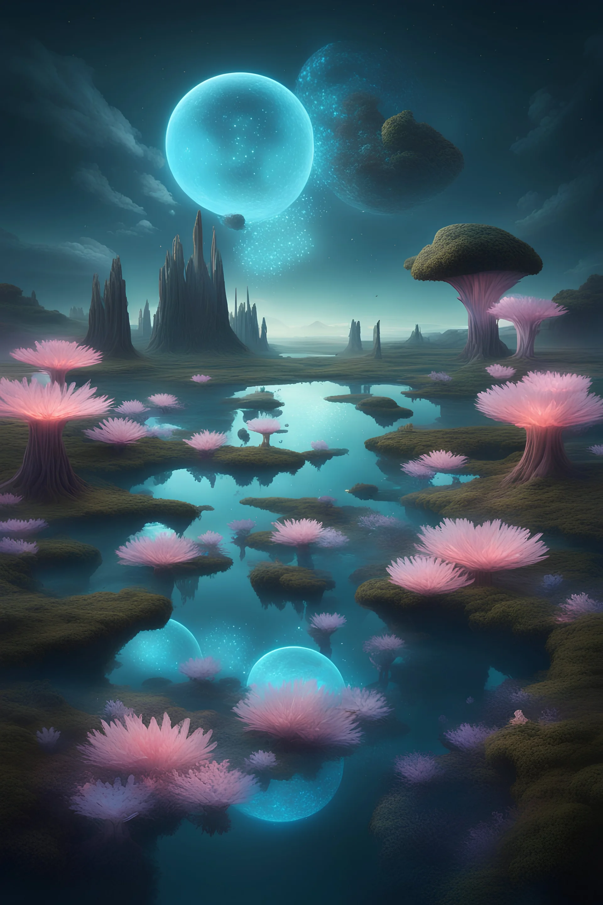 "Generate a surreal and dreamlike landscape where the sky is filled with floating islands and bioluminescent flora. Create a sense of wonder and otherworldly beauty in the image."