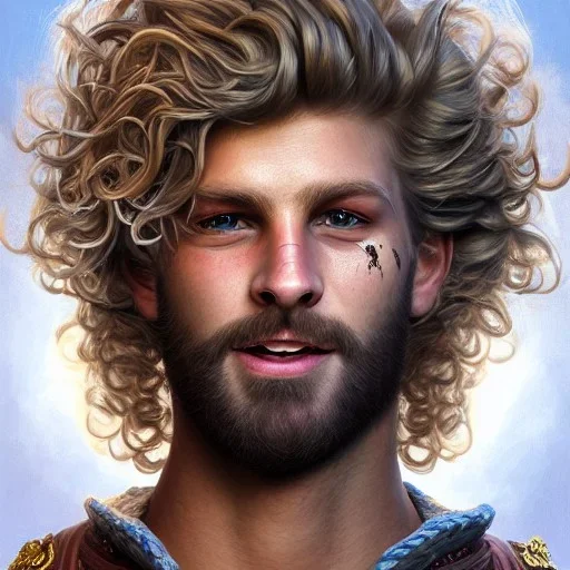 Portrait of Yung Gravy as a ruggedly handsome but joyful roguish pirate, charismatic, attractive male, masculine, perfect, precisely detailed face, meticulously detailed multi-hued curly hair; fantasy, intricate, elegant, highly detailed, digital painting, artstation, concept art, matte, sharp focus, illustration, art by artgerm and greg rutkowski and alphonse mucha