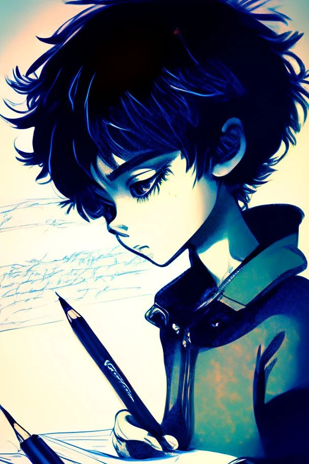 Black and white drawing boy anime , write Salma Mahfouz