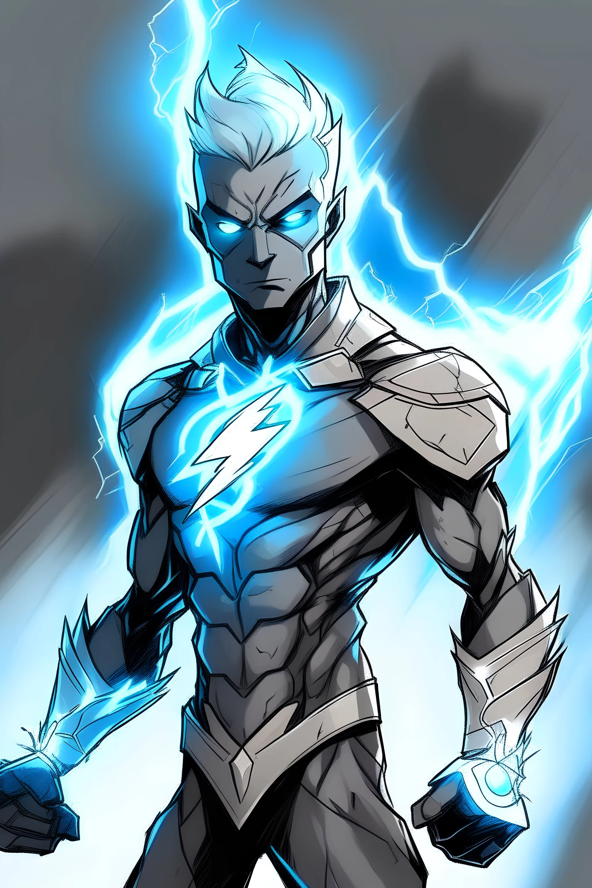a drawing character that can control lighting and hes a superhero, hes kinda see through , and has a grey skin tone, and has a GYATT he has lightning surrounding him very fast, hes soft