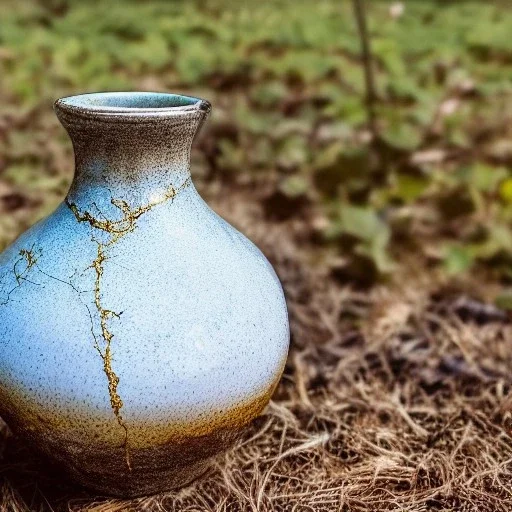 artistic photo of a tiny cracked ceramic vase repaired with gold, kintsugi, garden setting, beautiful landscape photography, beautiful, vines and leaves, delicate, cinematic, high detail, beautiful composition, delicate arrangement, aesthetic, soft lighting, award winning photography, tender