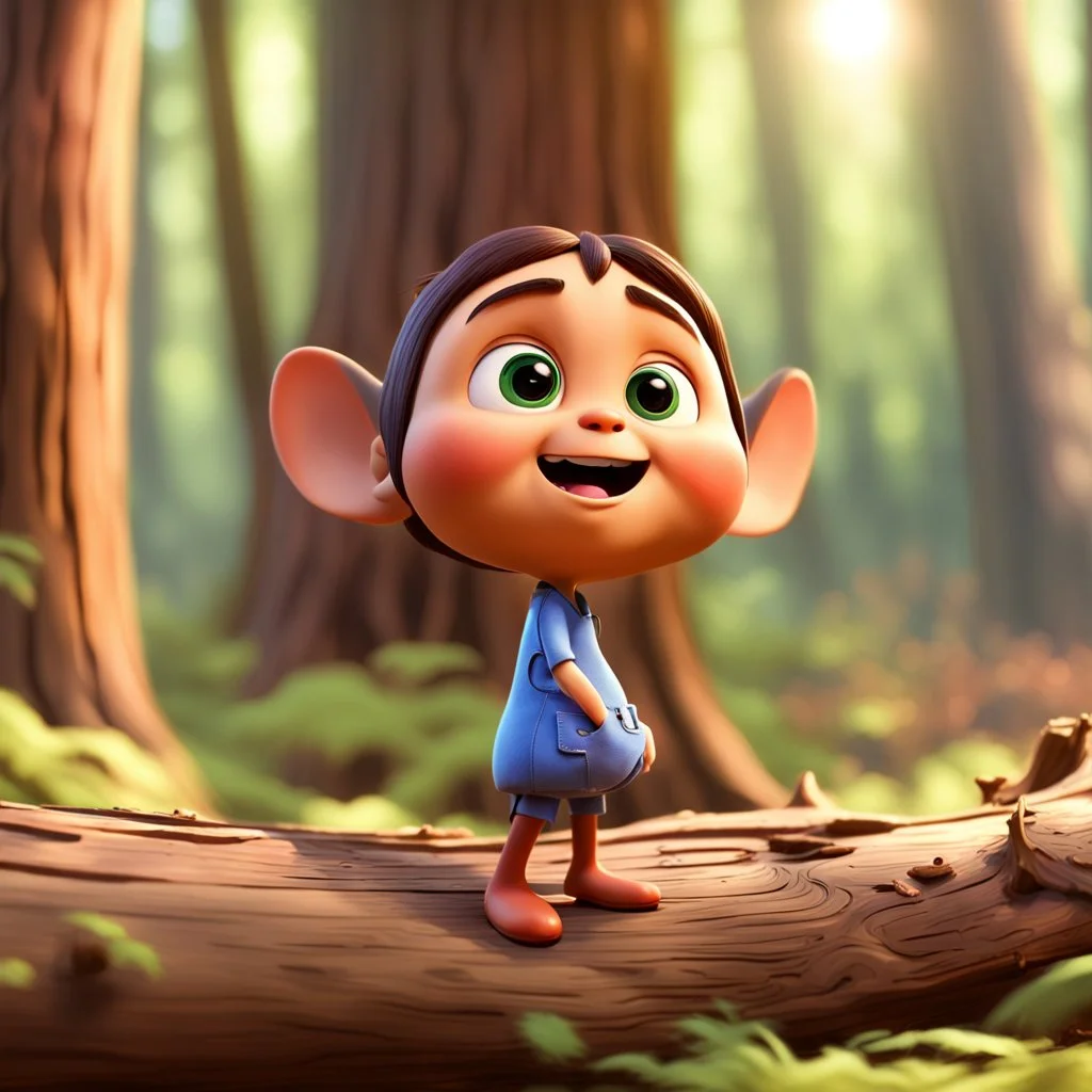 a very little Cute Figure lives in the Wood, with cute face, pixar, disney style