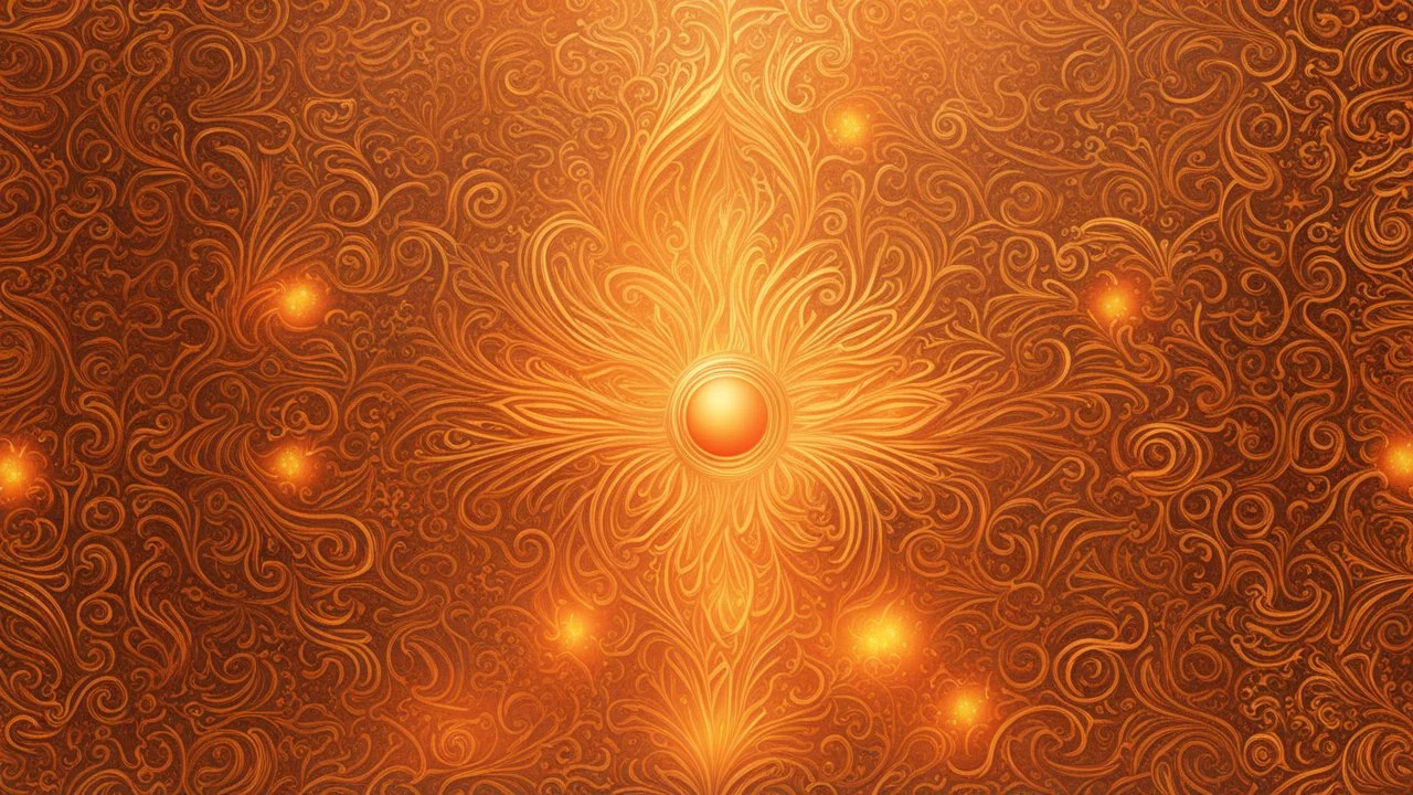 Hyper Realistic Glowing-Golden-Retro-Patterns on orange-background with fire-embers on it