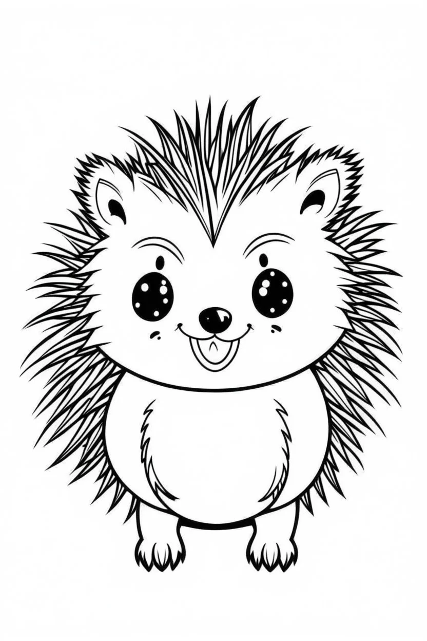 Coloring page for kids with a cute cartoon hedgehog, very Bold outlines and white background, minimal number of elements