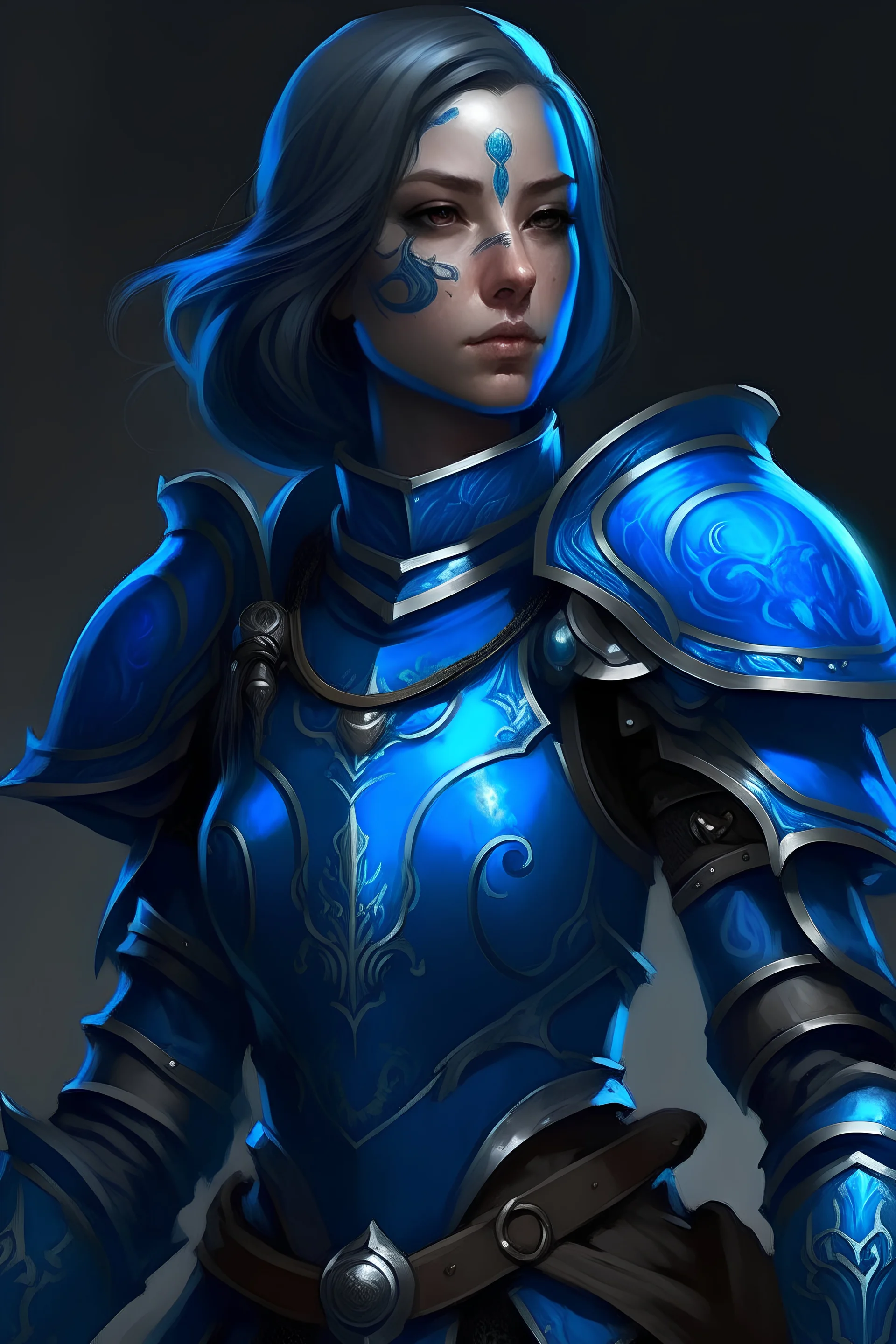 blue skinned cleric woman in dark blue armor