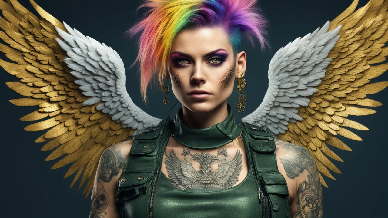 beautiful Punk woman Angel 35 years old, military clothing, mystical, bright colors, creative hairstyle, tattoo, piercing, photorealistic image, military, camouflage clothing, gold, fine rendering, high detail, 8K