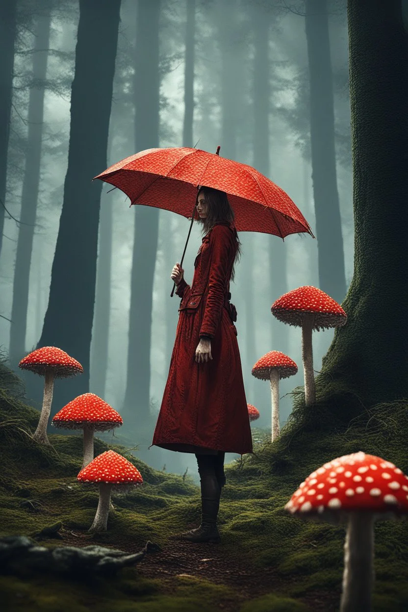 tall slim woman in a ragged clothing, in a forest, holding an umbrella made from a fly agaric mushroom, raining, detailed matte painting, deep colour, fantastical, intricate detail, complementary colours, fantasy concept art, 8k resolution, Unreal Engine 5