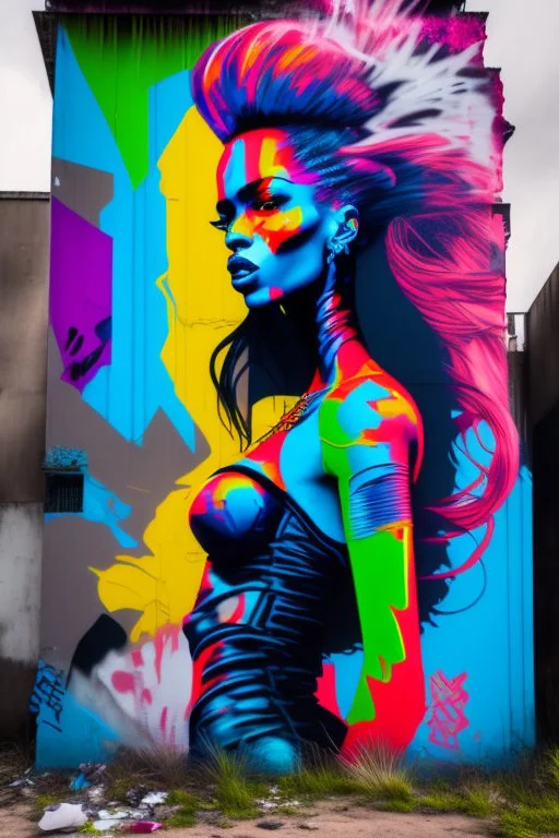 graffiti art on the back side of an abandoned building portraying a female super model posing confidently, 8k, highly detailed, centered, epic composition, graffiti art, splash art, street art, spray paint, oil gouache melting, acrylic, high contrast, colorful polychromatic, ultra detailed, ultra quality, CGSociety