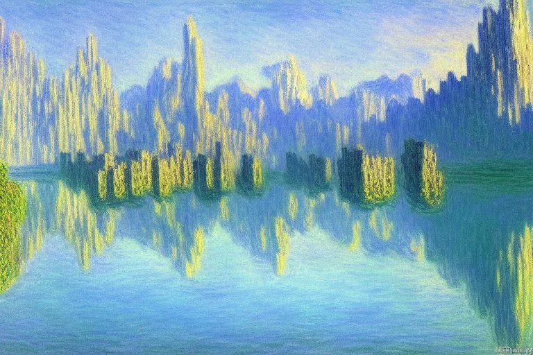 Mountains behind Cyberpunk buildings, lake, science fiction, concept art, realistic vision, claude monet impressionism painting