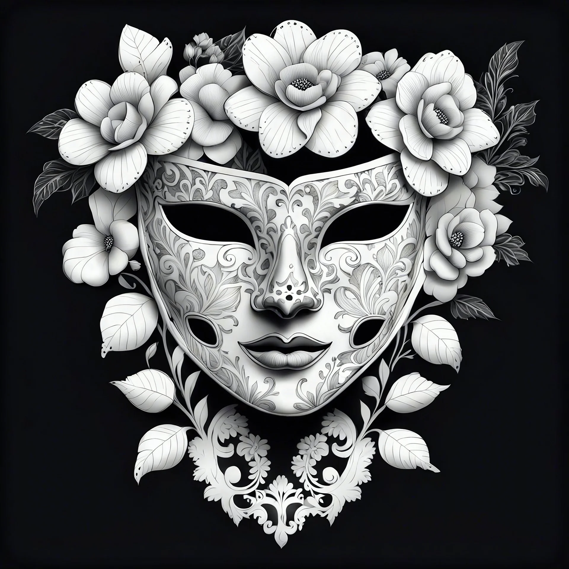 sketch a aesthetic vintage half mask, white lace and flowers, , facing front, 3d, black and white