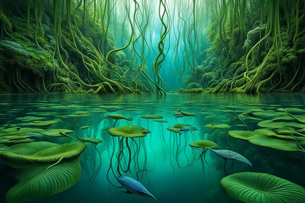 Ecological Art, plants, floating earths, long leaf tendrils, green colors and shades, blue waters, mitical ecocreatures living fascinating in stunning alien flora, intricate details, sharp focus, filmy , surreal, frighteningly beautiful, perfect stunning composition