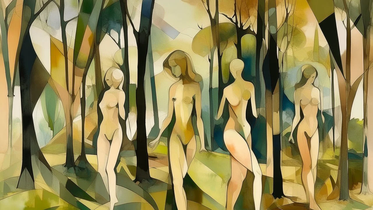 Tema: Desnudo integrado en la naturaleza a través de planos geométricos → Disciplina: Acuarela y fotografía de paisaje → Estética: Postimpresionismo constructivo y primitivo → Lenguaje visual: Planos de color y pinceladas en paralelo que construyen volumen sin línea → Composición: Grupo de figuras desnudas en una arboleda, fusionadas con el paisaje mediante formas cilíndricas, con una figura principal en primer plano → Iluminación: Luz de mediodía, clara y uniforme, que aplana las formas ligeram
