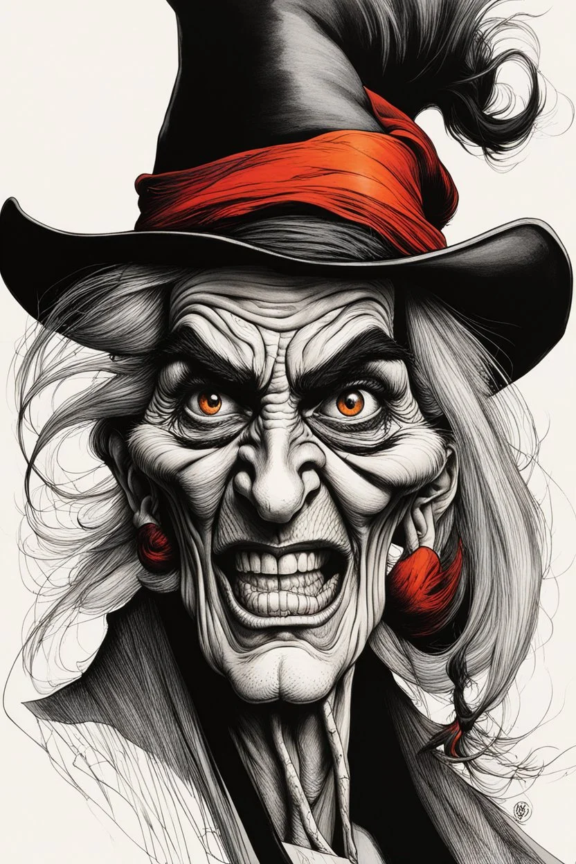 create an malevolent female sorceress with highly detailed and refined facial features, raggedly clothed in the caricature cartoon style of Gerald Scarfe and Ralph Steadman, precisely drawn, boldly inked, vividly colored, 4k