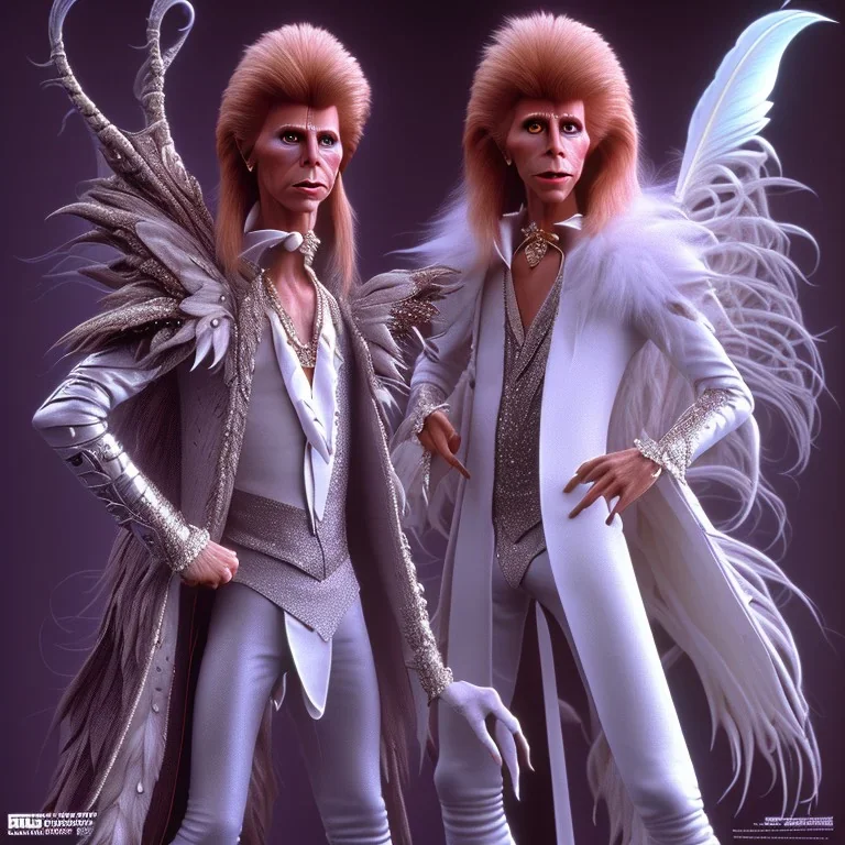 david bowie, white owl feather fancy clothes, Jim Henson's The Labyrinth, Jareth the goblin king, crystal balls in hand, wearing spandex grey leggings with a crotch bulge, labyrinth illusion floating stairs, very detailed and anatomically correct, 8k