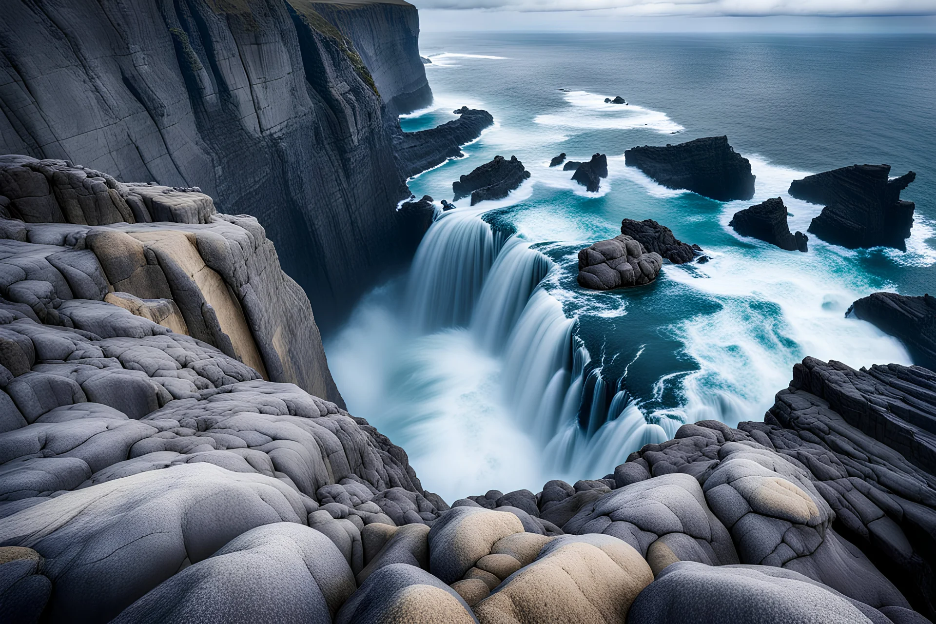 massive intimidating rock cliffs ascend all around. far below, the stormy ocean swirls intimidatingly. The ocean water falls off a waterfall down into unknown depths.