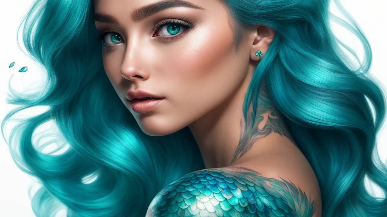 Mermaid Portrait, Shimmering Turquoise Tail, Tattoo, High Resolution, Trending on Artstation, Fine Details, 8K