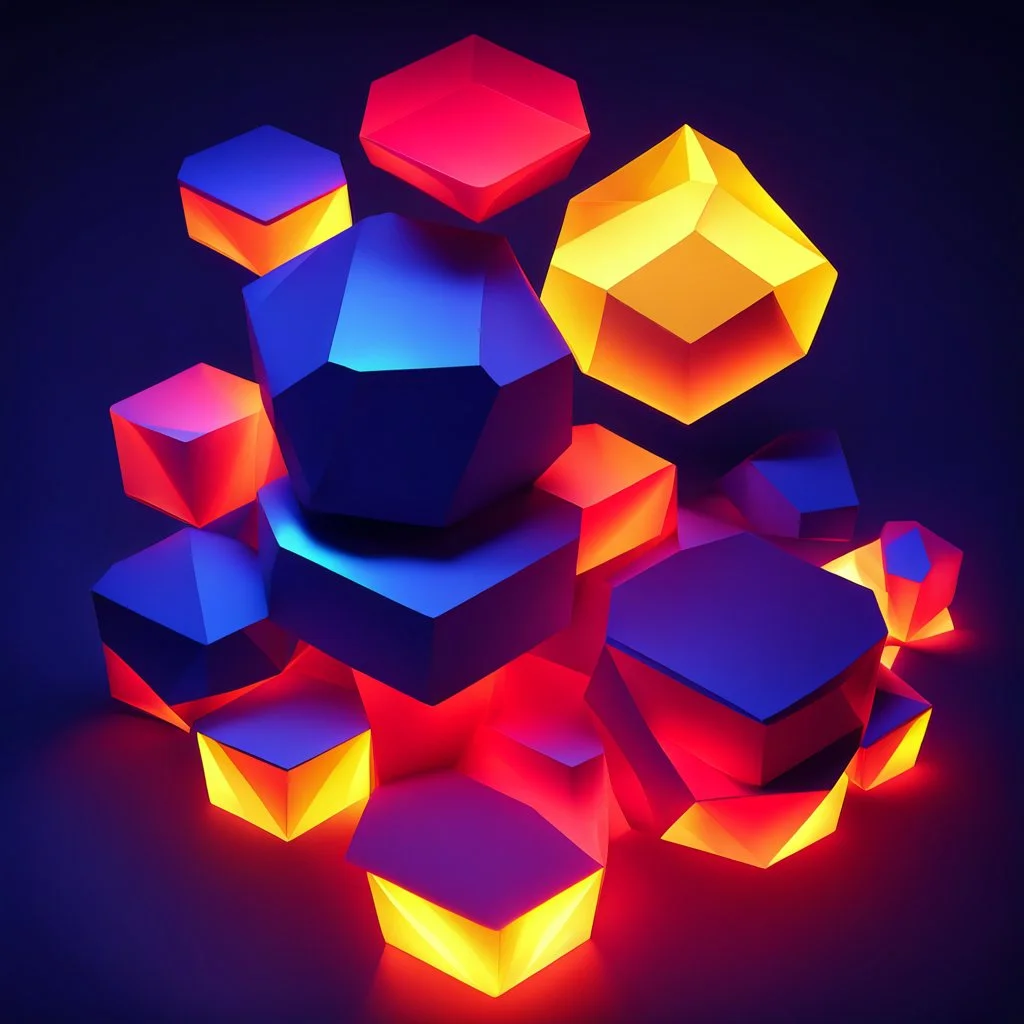 Hyper Realistic Low-Poly Hexagonal Shapes [With Navy-Blue Red & Yellow Neon Lightings].