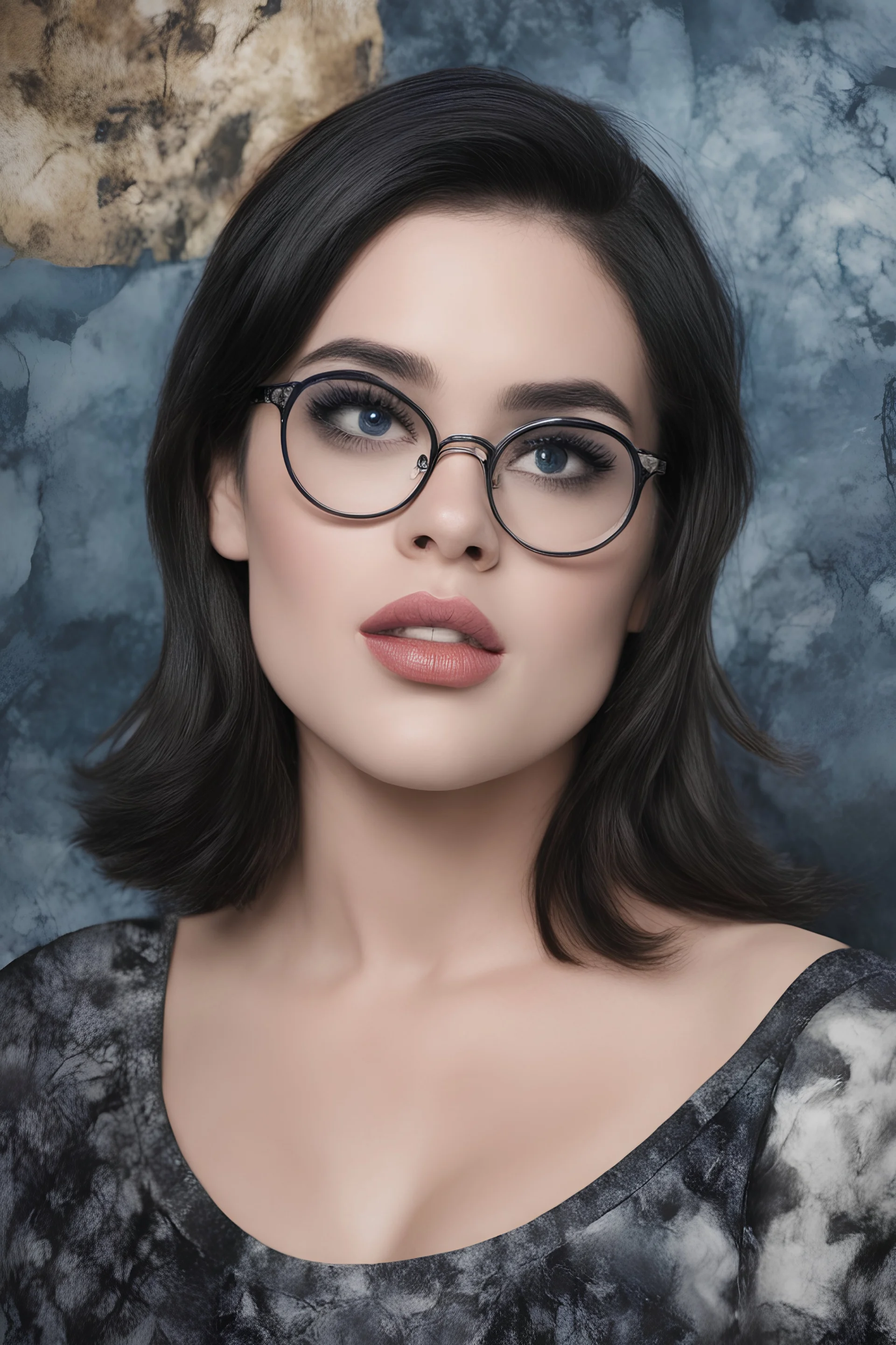 cross-eyed Lucy Hale Elvis Presley hybrid, , 4k UHD, photorealistic, ((big, full, plump, pouty lips:1.5)) black hair, big cat-eye eyeglasses, dark blue foggy gradated marble wall background