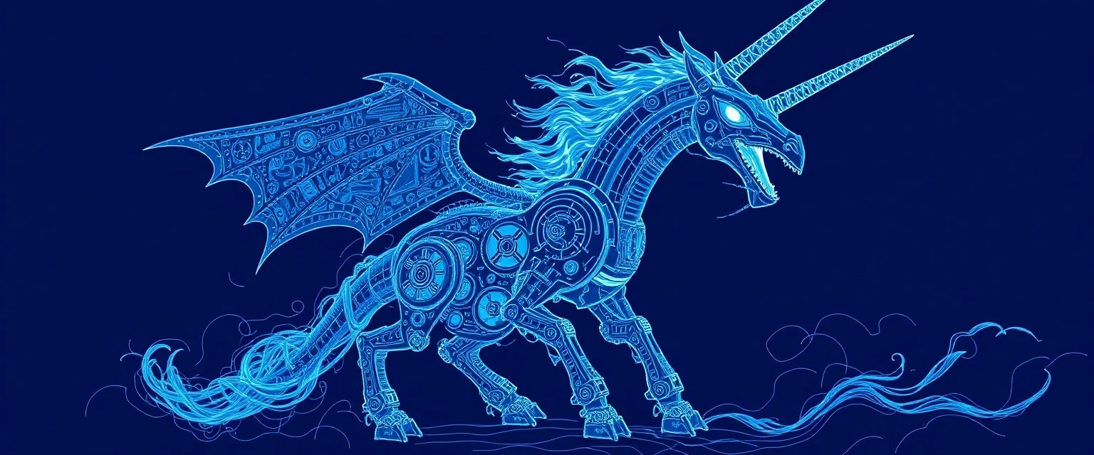 engineering blue print of eye tyrant unicorn beholder fire breathing dragon robot