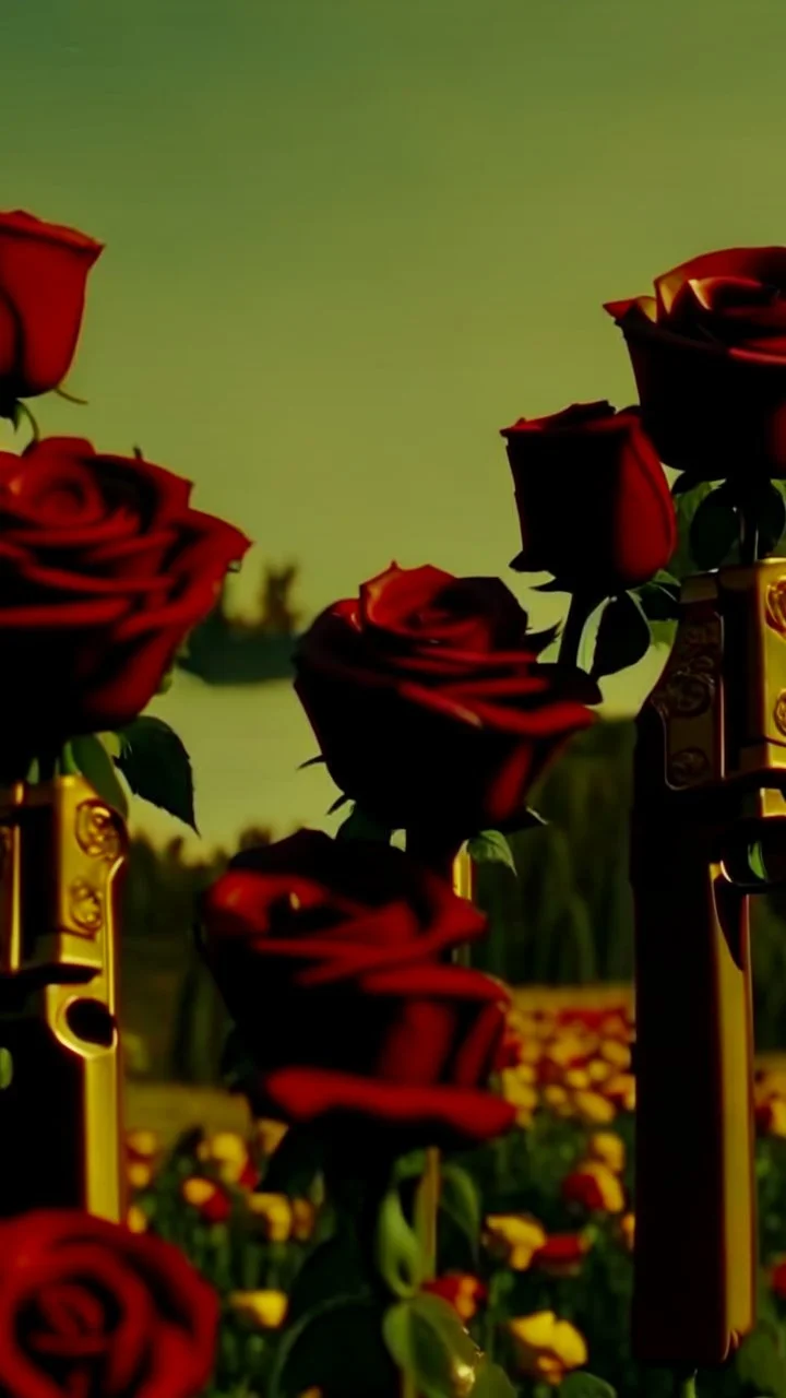 two golden guns above a grave in a field full of red roses.cinematic