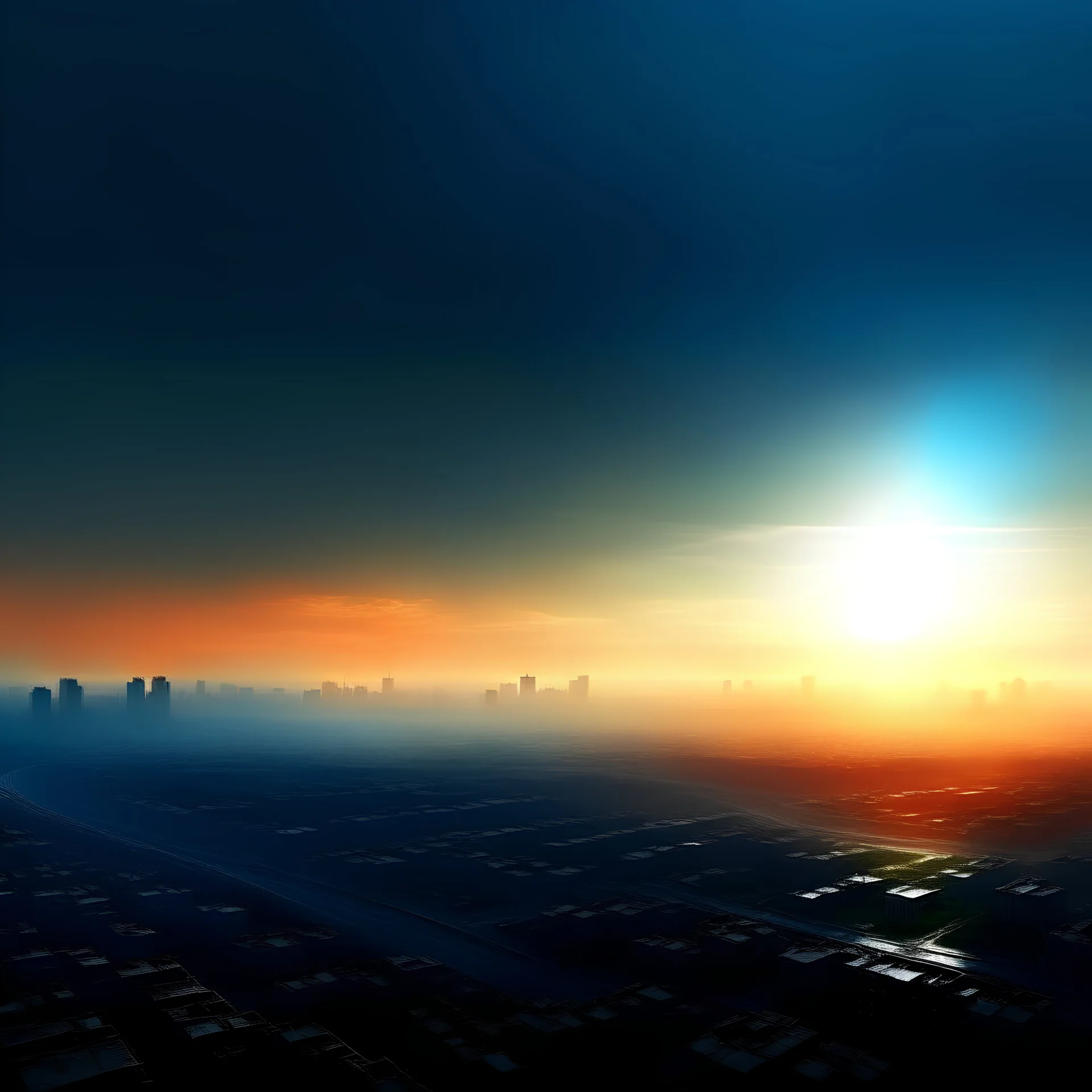 a landscape of an empty city and a bright glow in the sky