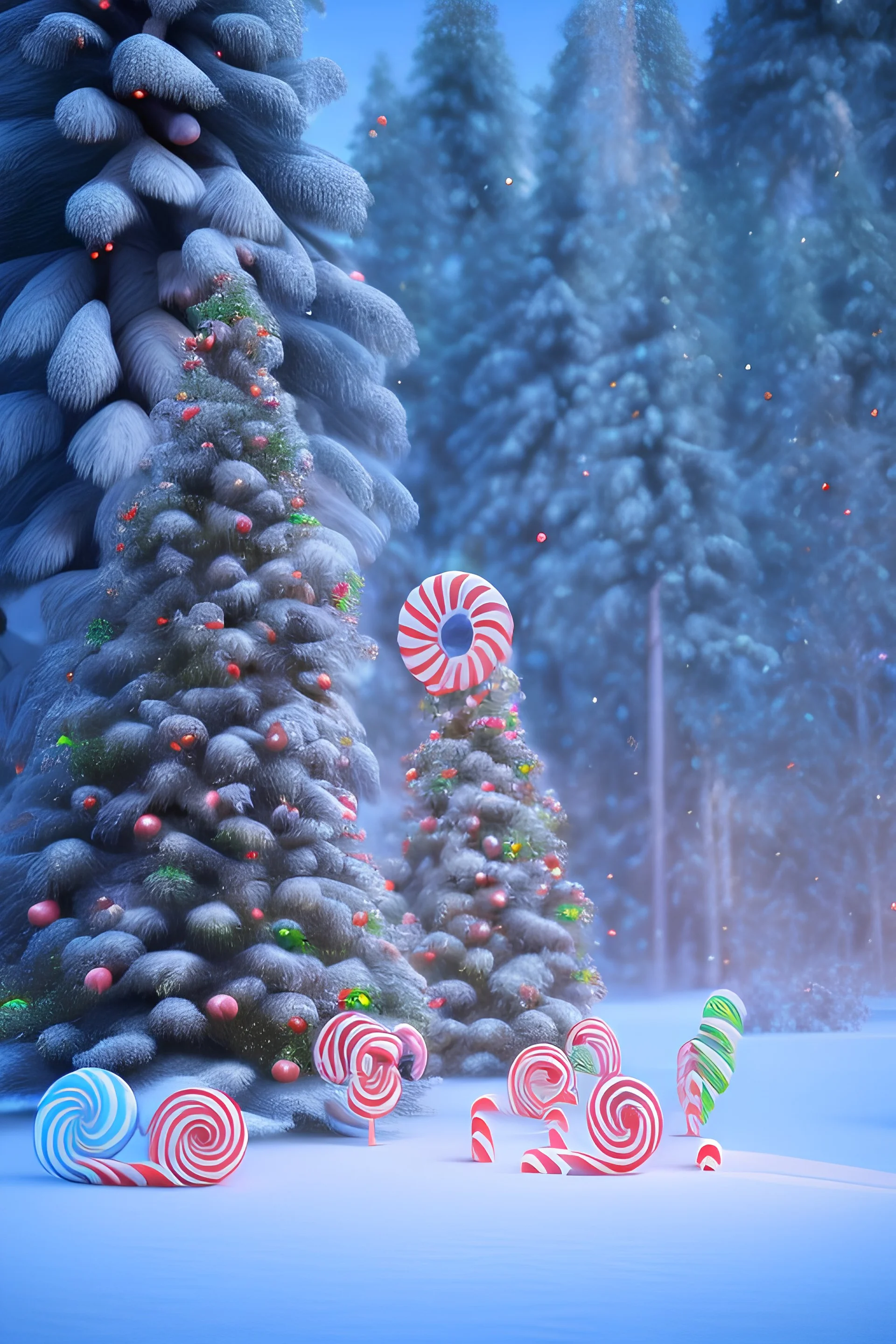 candy canes,snowy fir forest,bokeh, utra realistic, hyper detailed, masterpiece, sharp focus,volumetric lighting, ultra photoreal, hypermaximalist, unreal engine, UHD, 64k