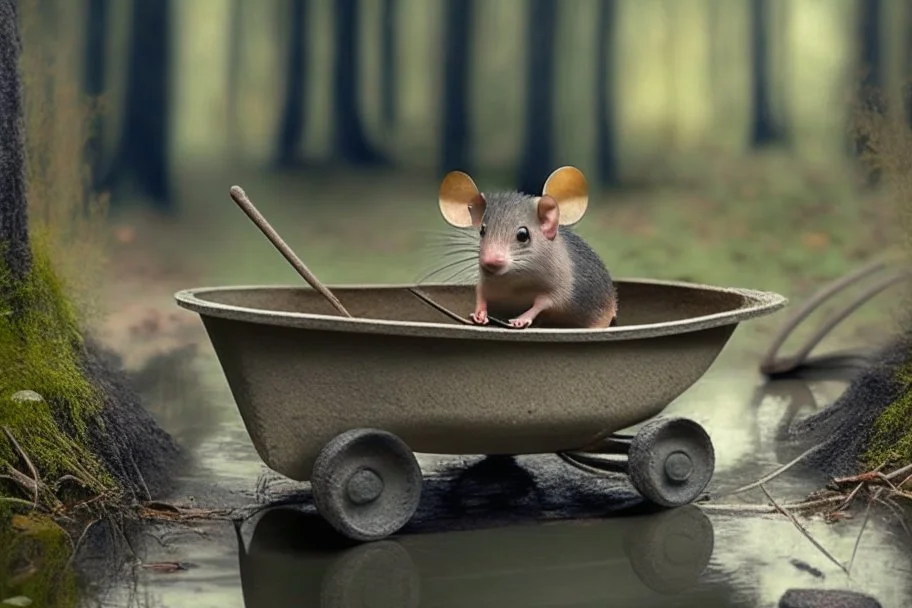 mouse in wheelbarrow, in forest by lake