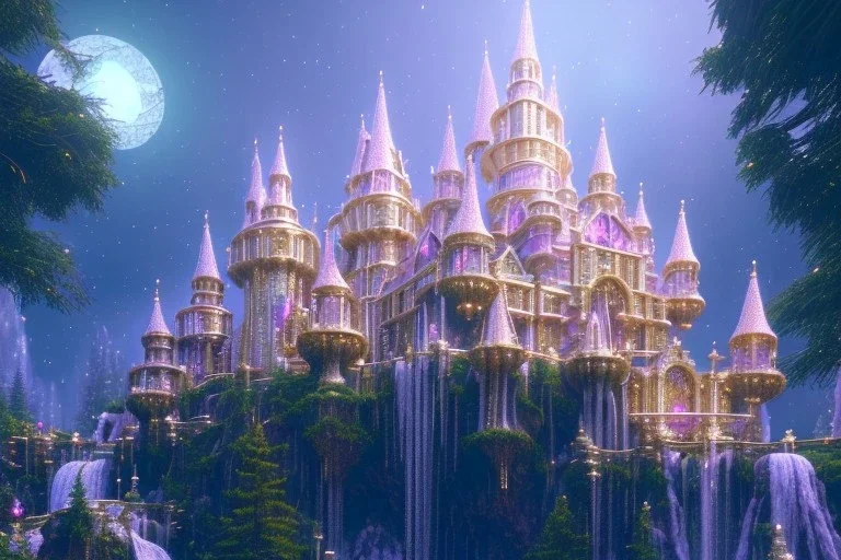  white and gold crystal castle，waterfall, pink Lights, full of details, smooth, bright sunshine，soft light atmosphere, light effect，vaporwave colorful, concept art, smooth, extremely sharp detail, finely tuned detail, ultra high definition, 8 k, unreal engine 5, ultra sharp focus