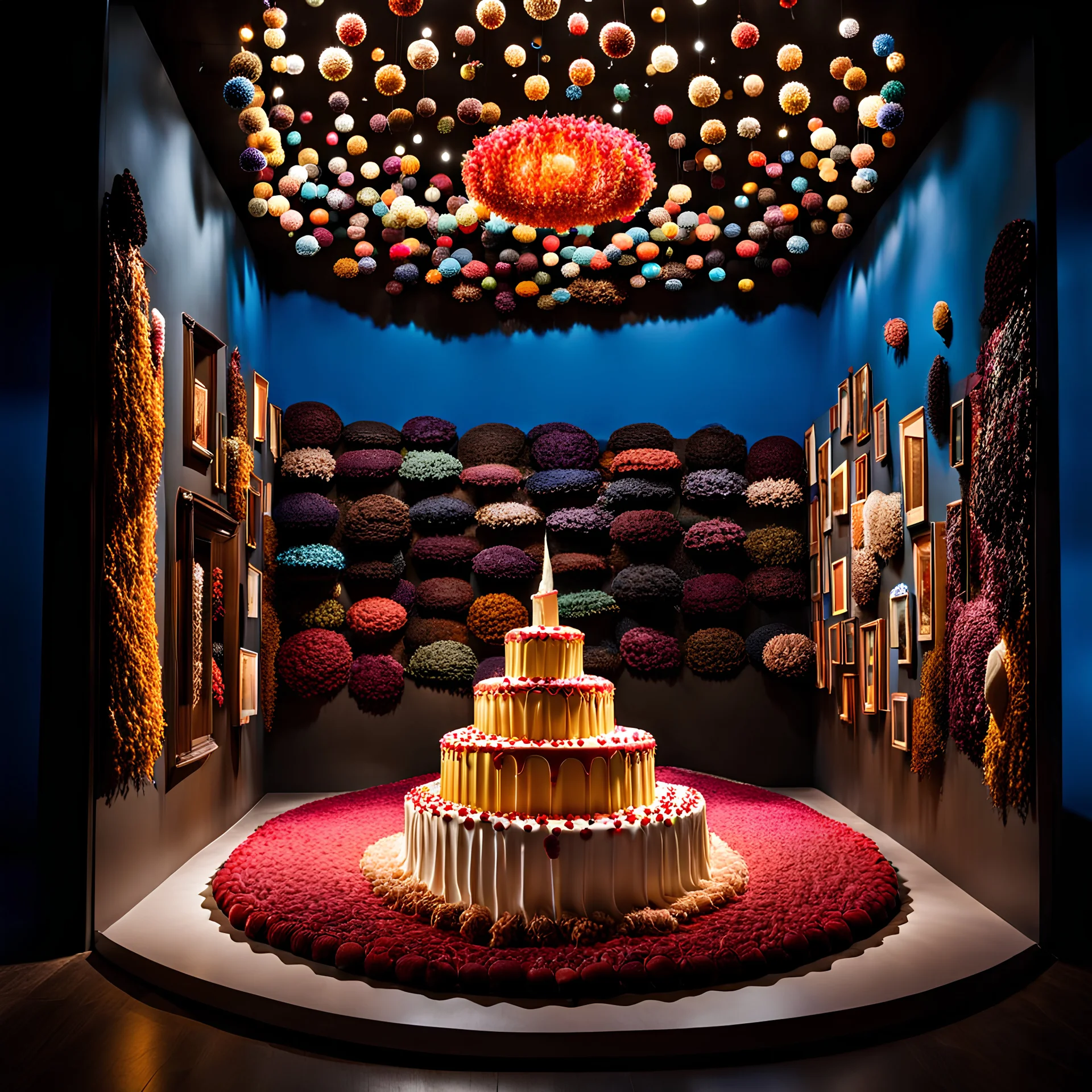 A museum installation made of cake-frosting and felt representing everything, visitors can walk inside the installation high contrasts, frame, extreme detailed, movie shot, volumetric light, rich moody colors, noon-light, nightmare, bokeh, also something else, orero dream, Max Ernst style