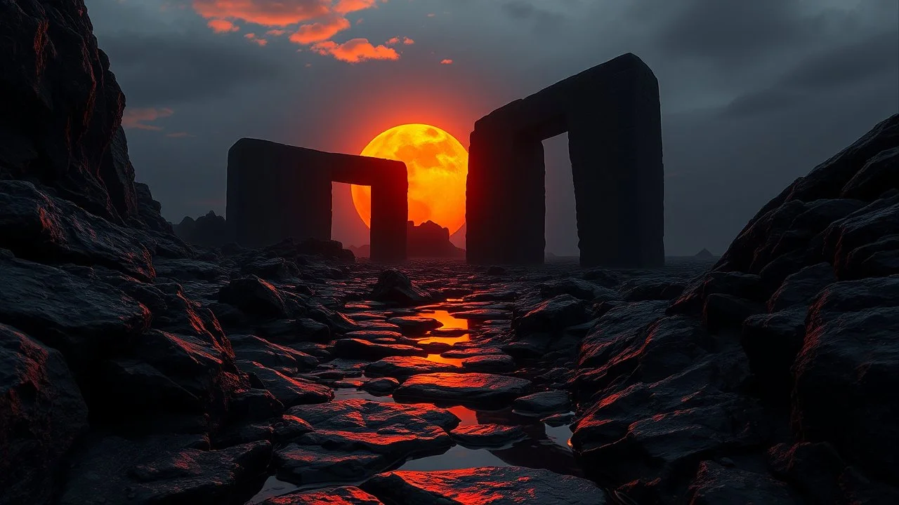 A surreal, otherworldly landscape featuring a large, glowing orange sun partially obscured by dark, monolithic structures. The structures, resembling abstract doorways or portals, are made of rough, dark stone. A path of dark, wet rocks leads towards one of these structures, with the orange light of the sun reflecting vividly on the water-filled crevices between the rocks. The sky is a muted gray, with hints of orange clouds near the sun. The overall mood is dramatic and mysterious, with a stron