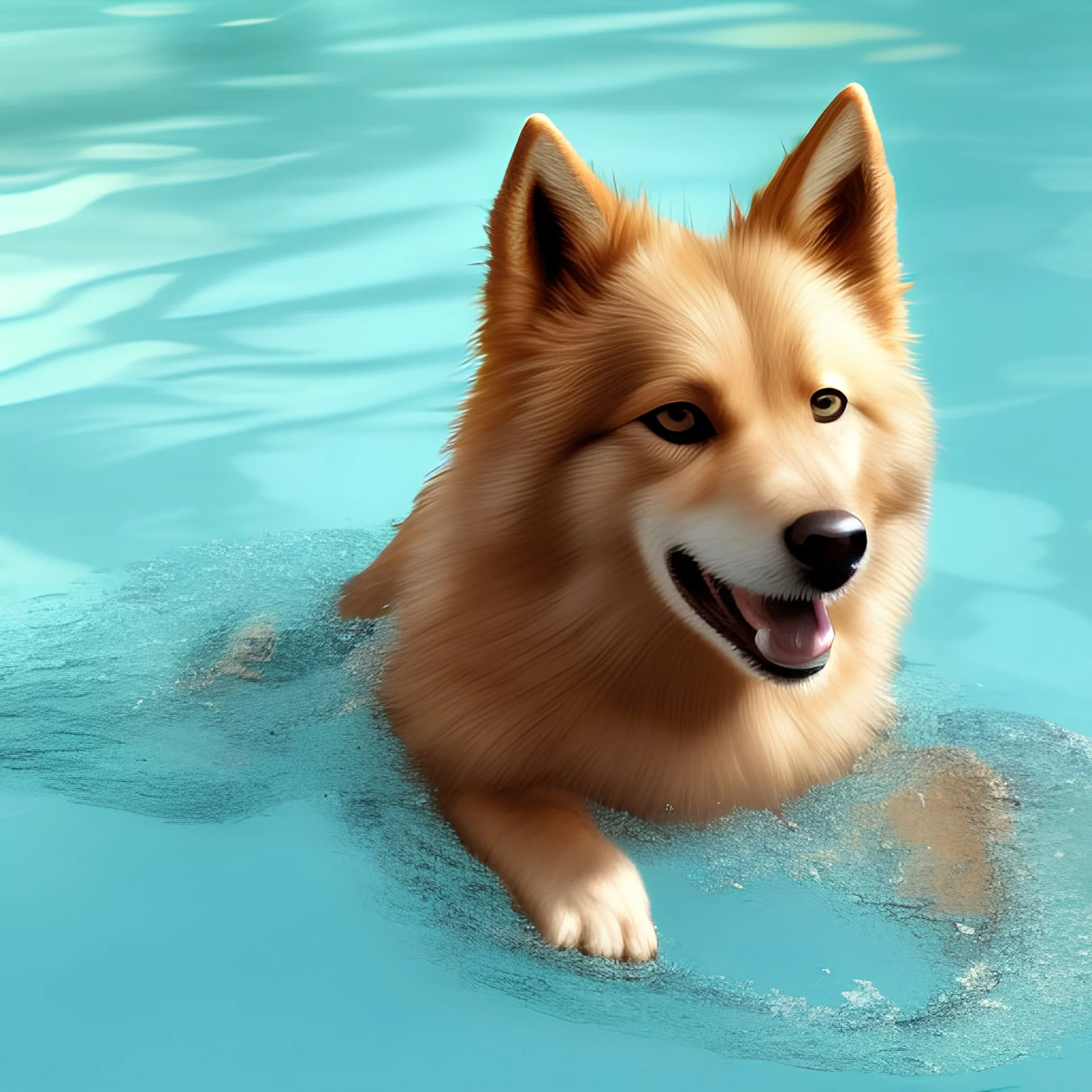 finnish spitz brown swimming in a pool, detailed, RTX, fantasy, 8K