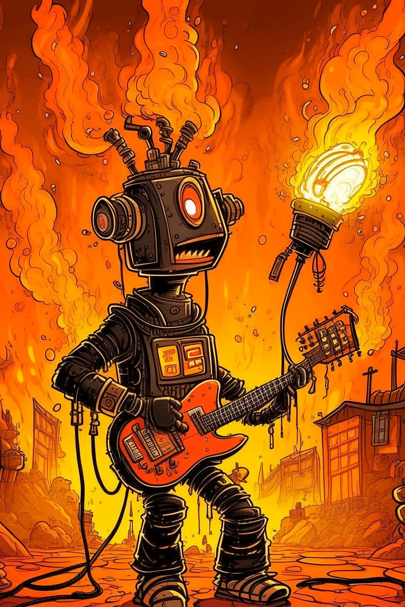 Firestarter animateur radio hardrock with a microphone. Seems angry against robots. Flames all around