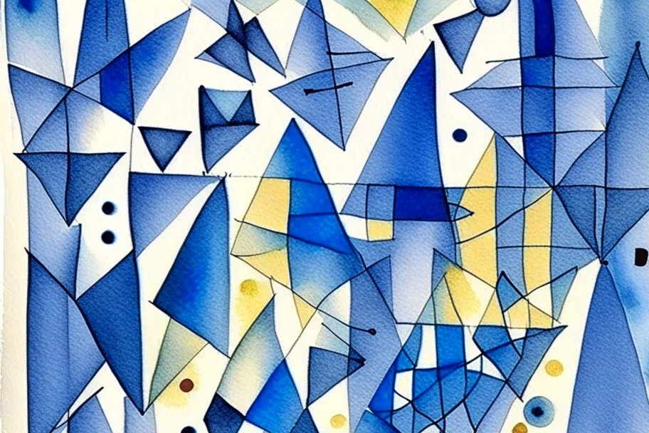 Capture the essence of a Paul Klee painting where vibrant geometric shapes seem to dance across the canvas, their bold colors and intricate patterns intertwining to create a sense of joyful chaos and harmonious energy. Watercolour in blue and grey,minimalist
