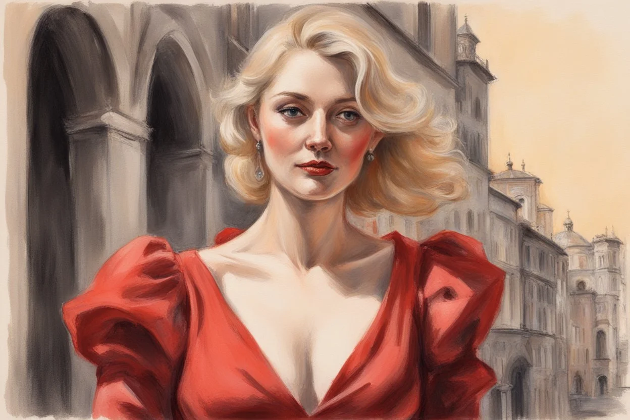 elegant blonde woman in firenze in red costume in sunshine, shading pastel and charcoal