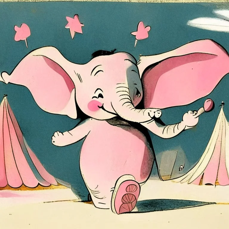 1940s animation art of Dumbo, a baby circus elephant with abnormally large ears that allows him to fly, surreal scene, pink parade of elephants, conceptual art, watercolor paint, early salt disney animation, hand drawn, modernist cute, Mary Blair, Harold Pearl, over exaggerated cartoonist