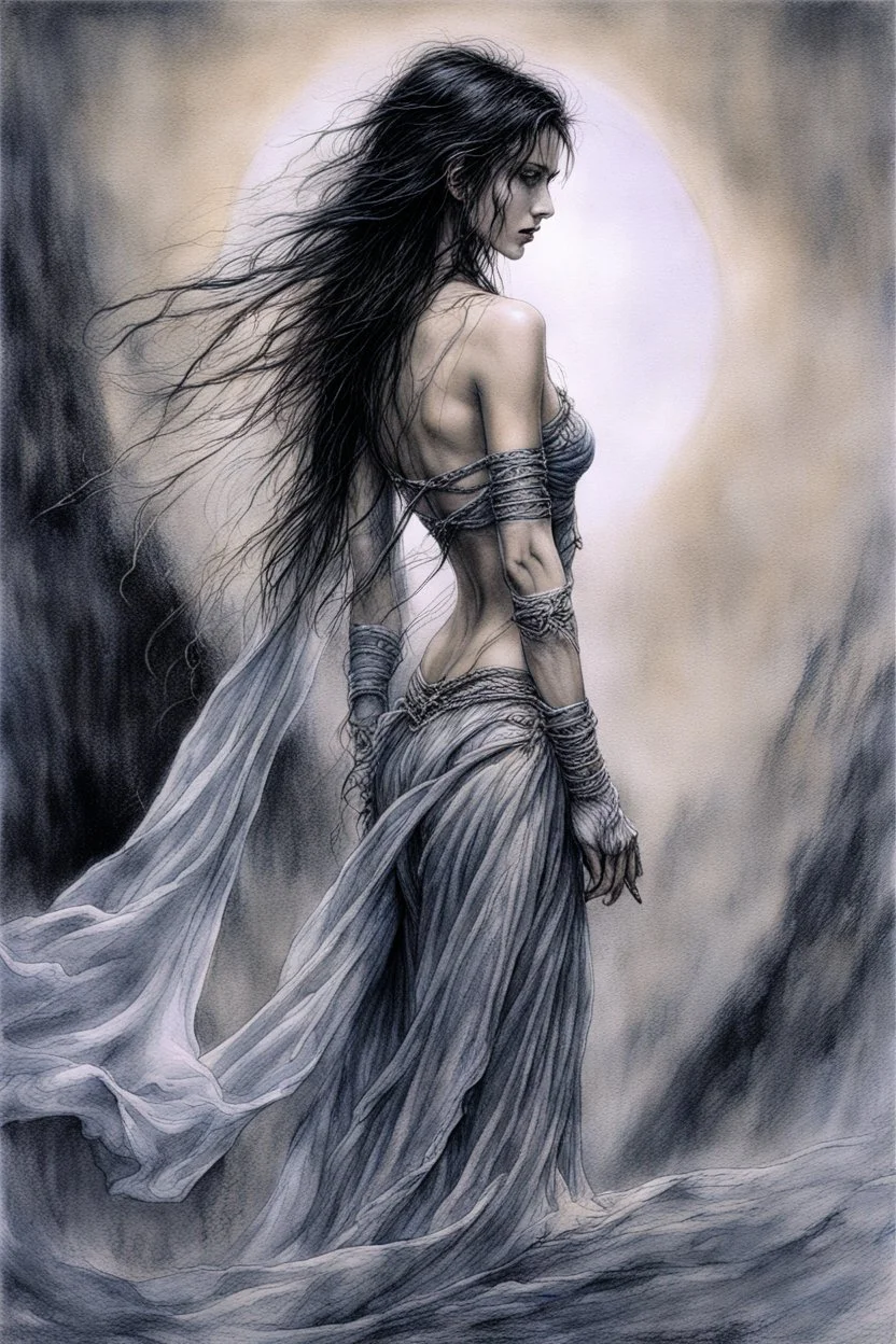 Hyper-photorealistic watercolor art style by Luis Royo, Surreal fine art etching of a figure by Luis Royo, tanned skin inscribed with the transient story of mortality, ethereal light playing with its form whispering tales of an eternal realm, eyes, black as the depths of the night, ardently pinand looking towards the endless skies, of black hair mirroring the mystery of the cosmos around, whole scene tinged with an ethereal softness from volumetric lighting, hues gr,