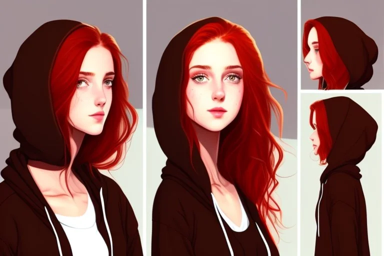 A beautiful young woman with brown eyes and shoulder length red hair wearing a black hoodie. Realistic.