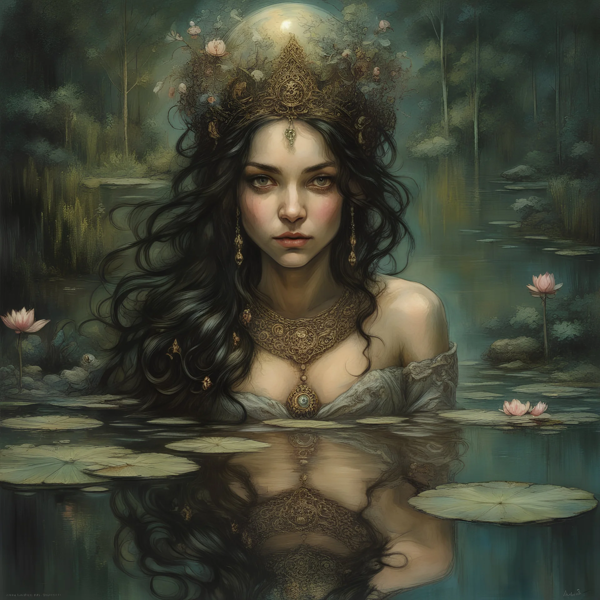 Ornate Persian Princess touching a reflection of their in pretty, lotus pond, outer space glowing forest background, dark hair, dark fantasy, intricate details, hyper detailed, Jean Baptiste Monge, Carne Griffiths, Michael Garmash, seb McKinnon, masterpiece