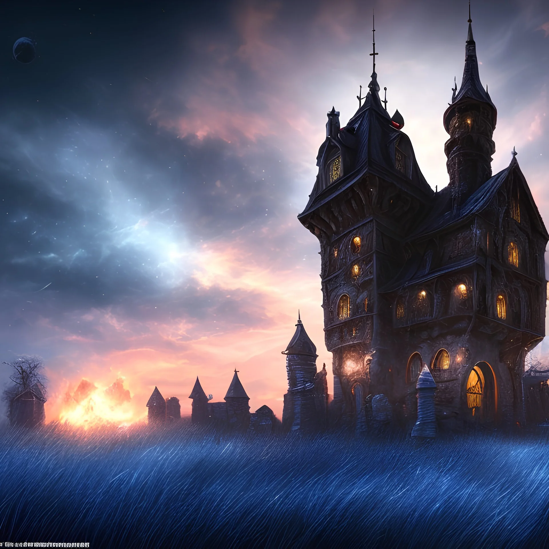 nightsky, blue, black, fields, abandoned buildings, ruins, cottage, gothic castle, metallic, gold, shiny,