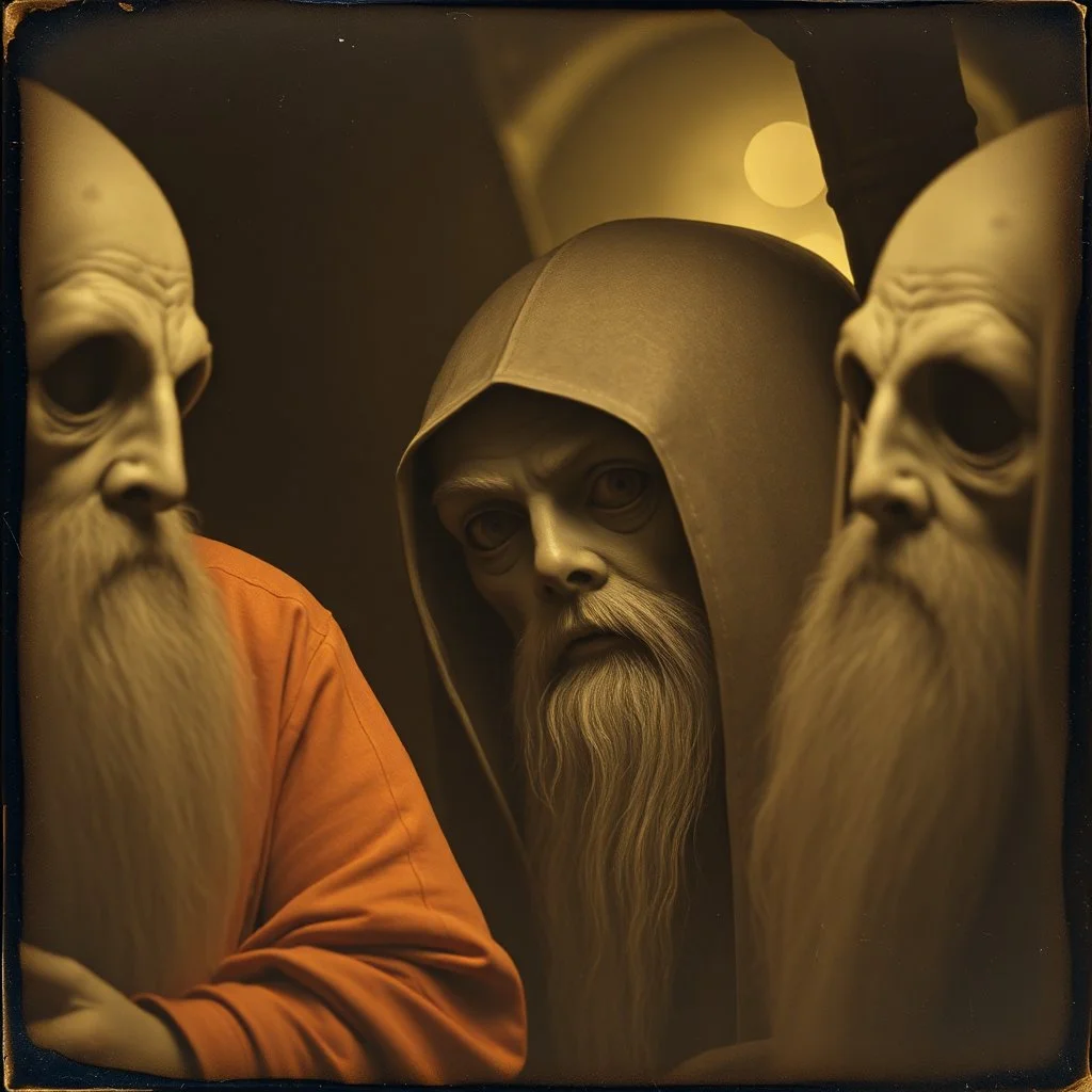 Daguerrotype close up some mysterious figures, odd background, Hieronymus Bosch Max Ernst ambient light, by Minicavio Quollati and Marlost Endgulp, Amano, Botticelli, Alphonse Mucha
