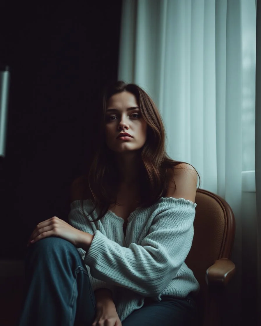 pouting emo woman sitting down into a chair